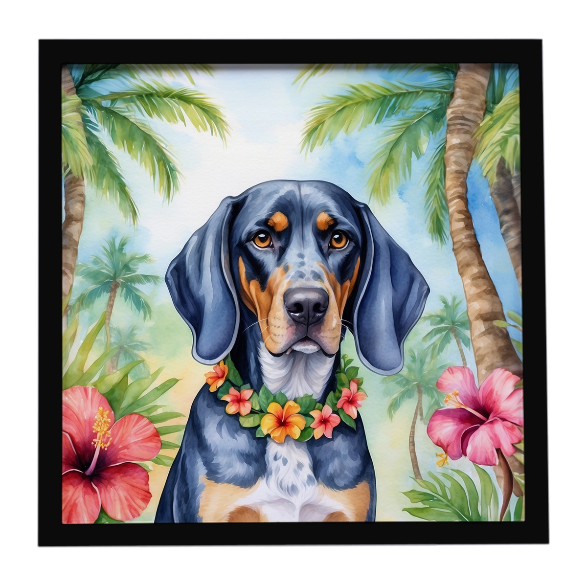 DAC6376MFP88 8 x 8 in. Bluetick Coonhound Luau Framed Metal Print
