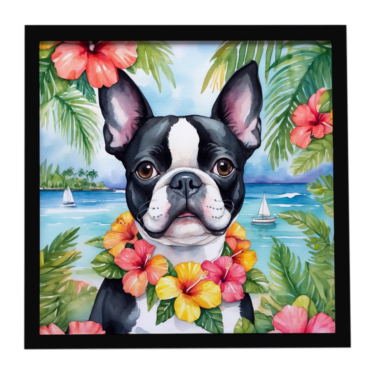 DAC6384MFP88 8 x 8 in. Boston Terrier Luau Framed Metal Print