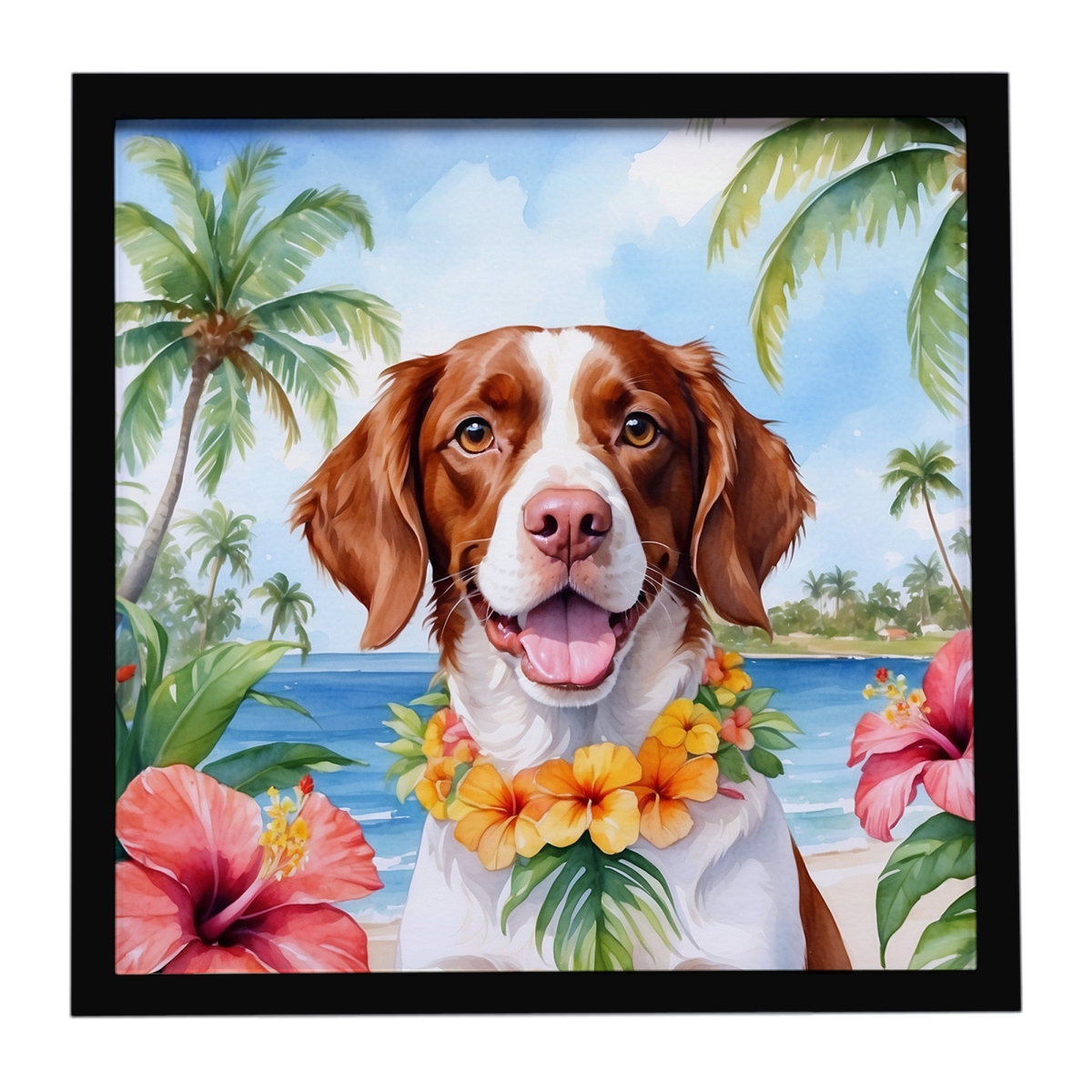 DAC6391MFP88 8 x 8 in. Brittany Spaniel Luau Framed Metal Print