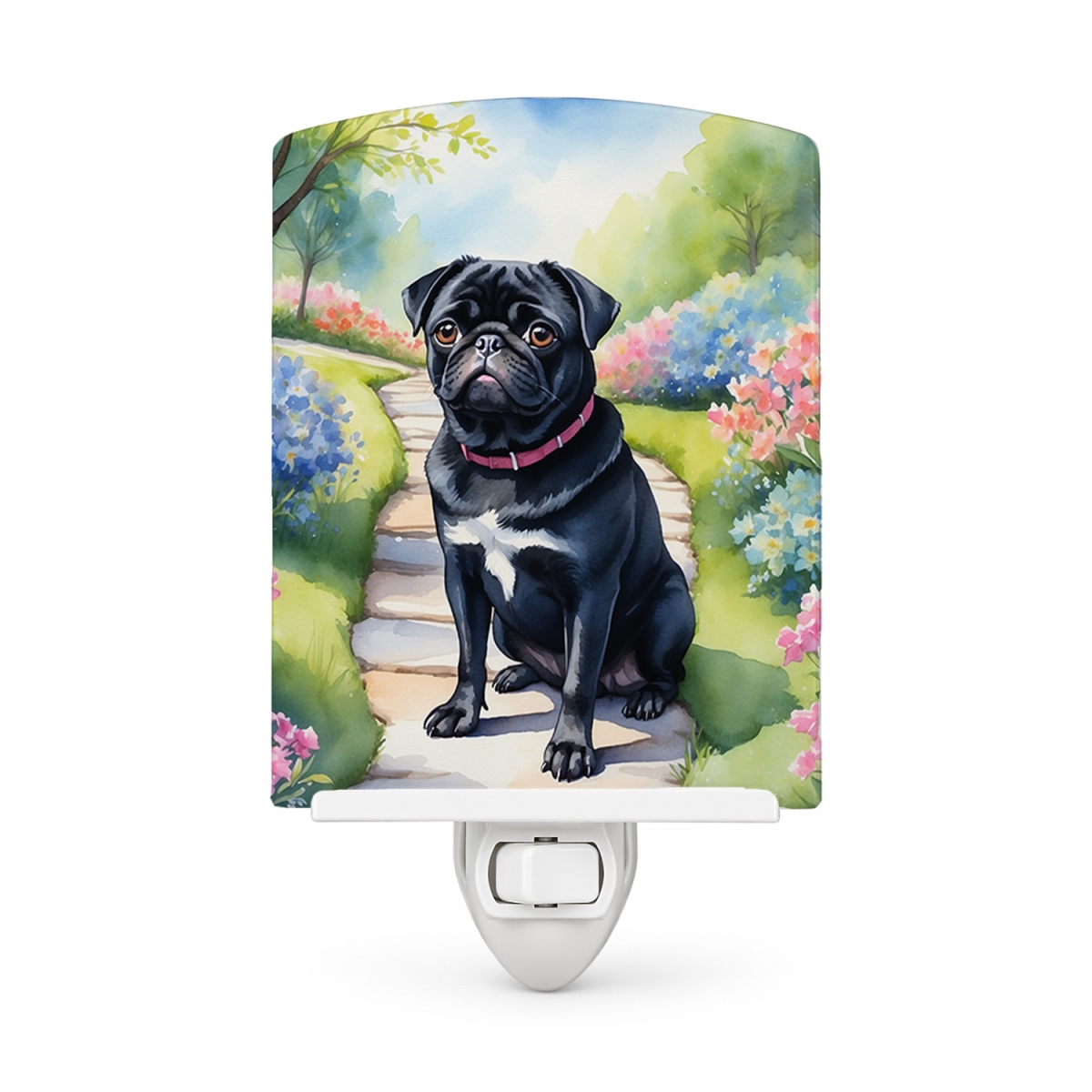 DAC6700CNL 6 x 4 in. Black Pug Spring Path Ceramic Night Light
