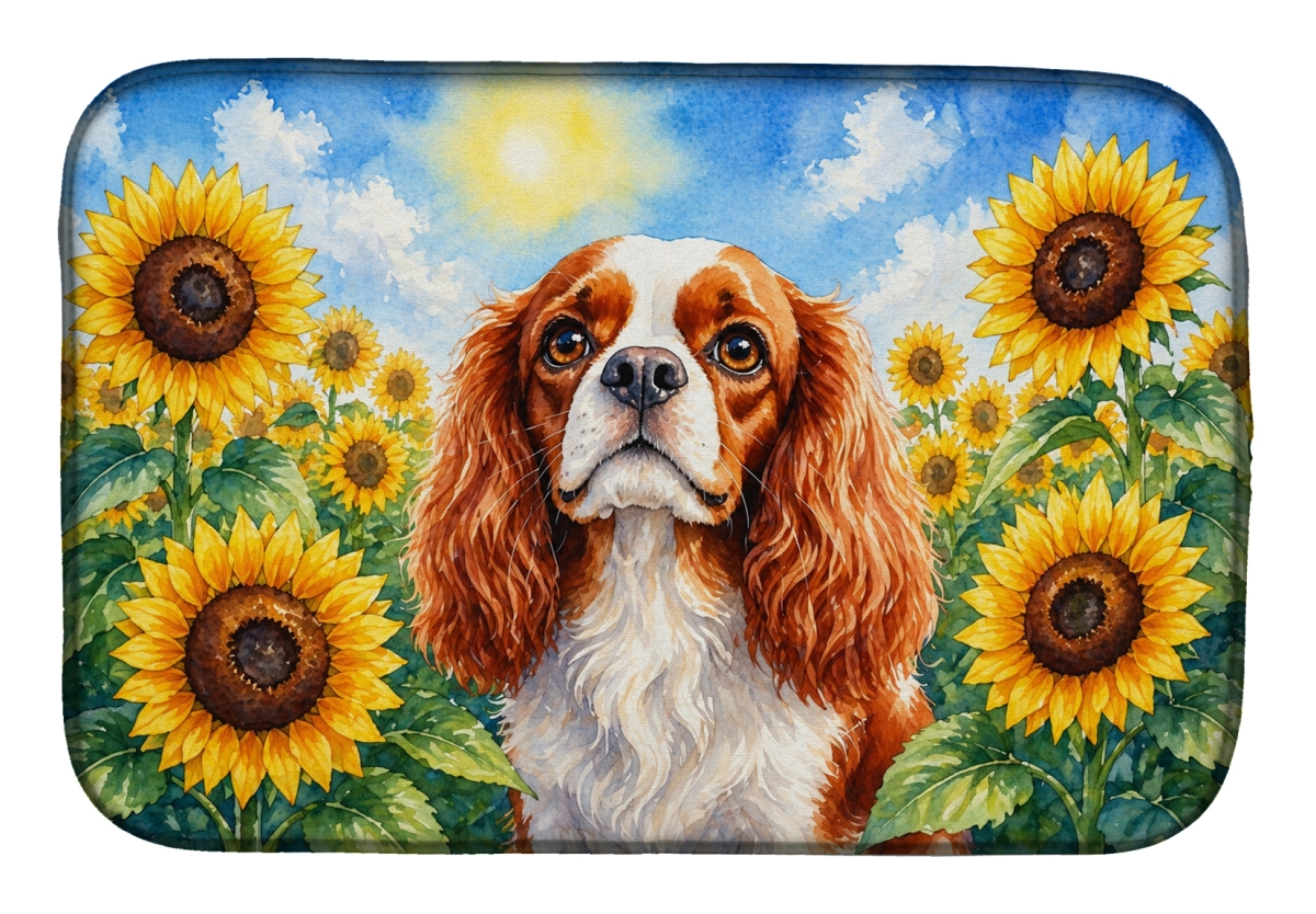 DAC6047DDM 21 x 14 in. Cavalier Spaniel in Sunflowers Dish Drying Mat