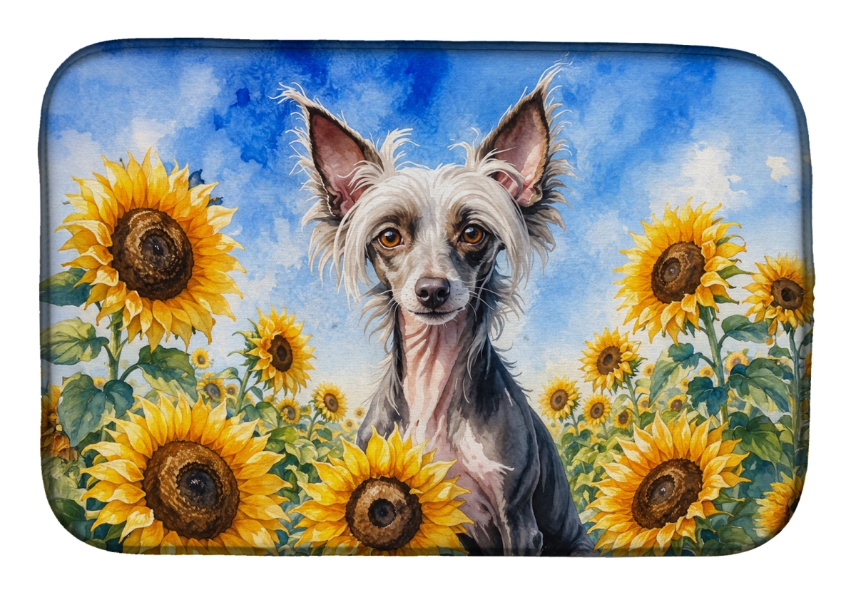 DAC6053DDM 21 x 14 in. Chinese Crested in Sunflowers Dish Drying Mat