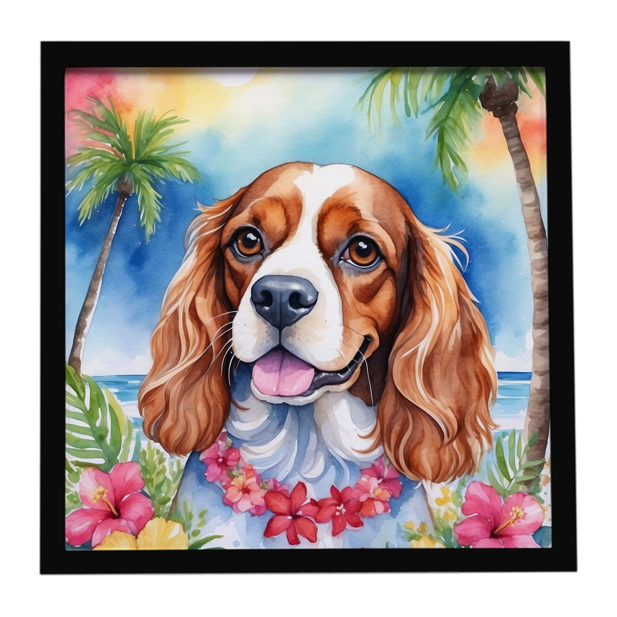 DAC6401MFP88 8 x 8 in. Cavalier Spaniel Luau Framed Metal Print