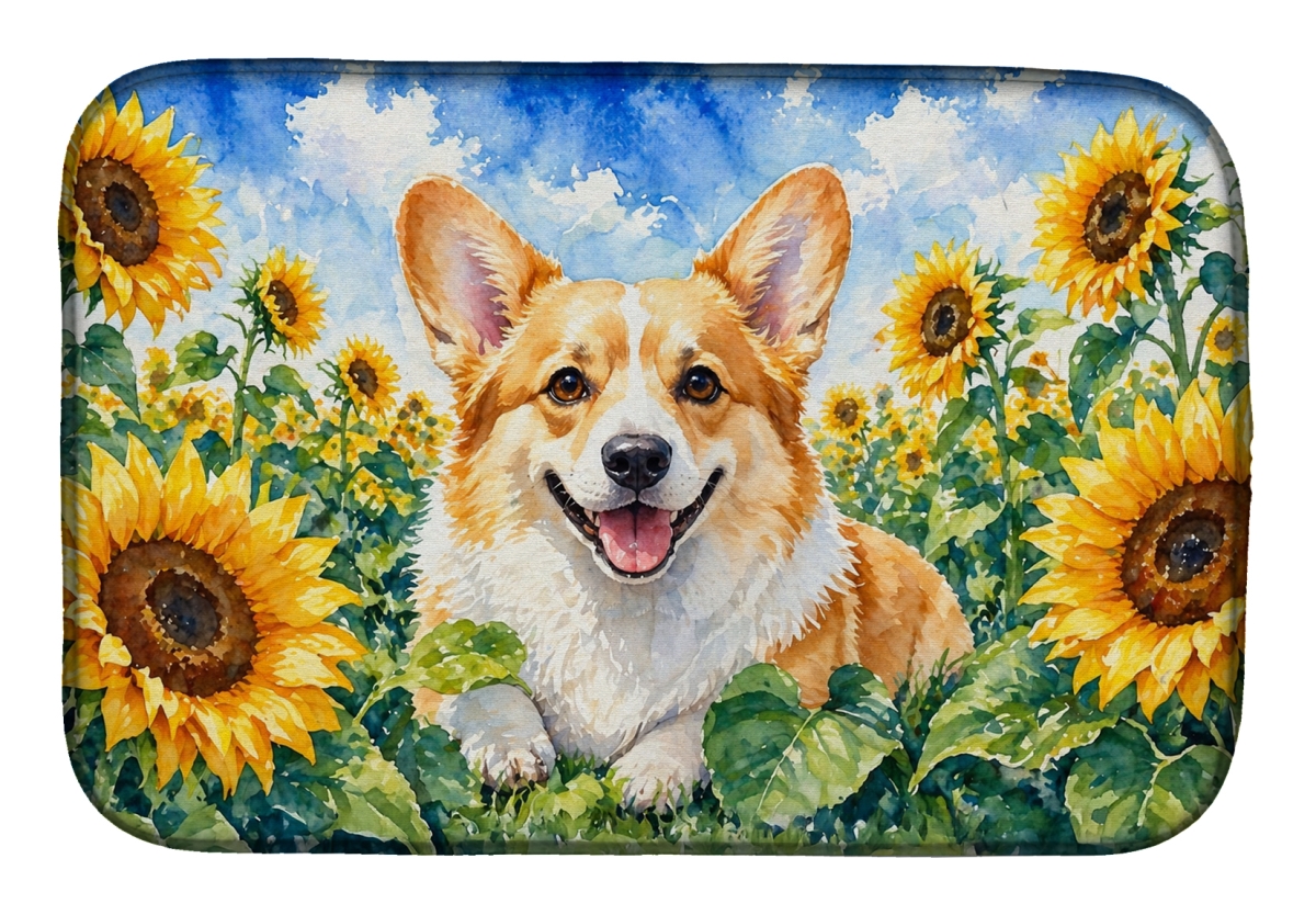 DAC6062DDM 21 x 14 in. Corgi in Sunflowers Dish Drying Mat