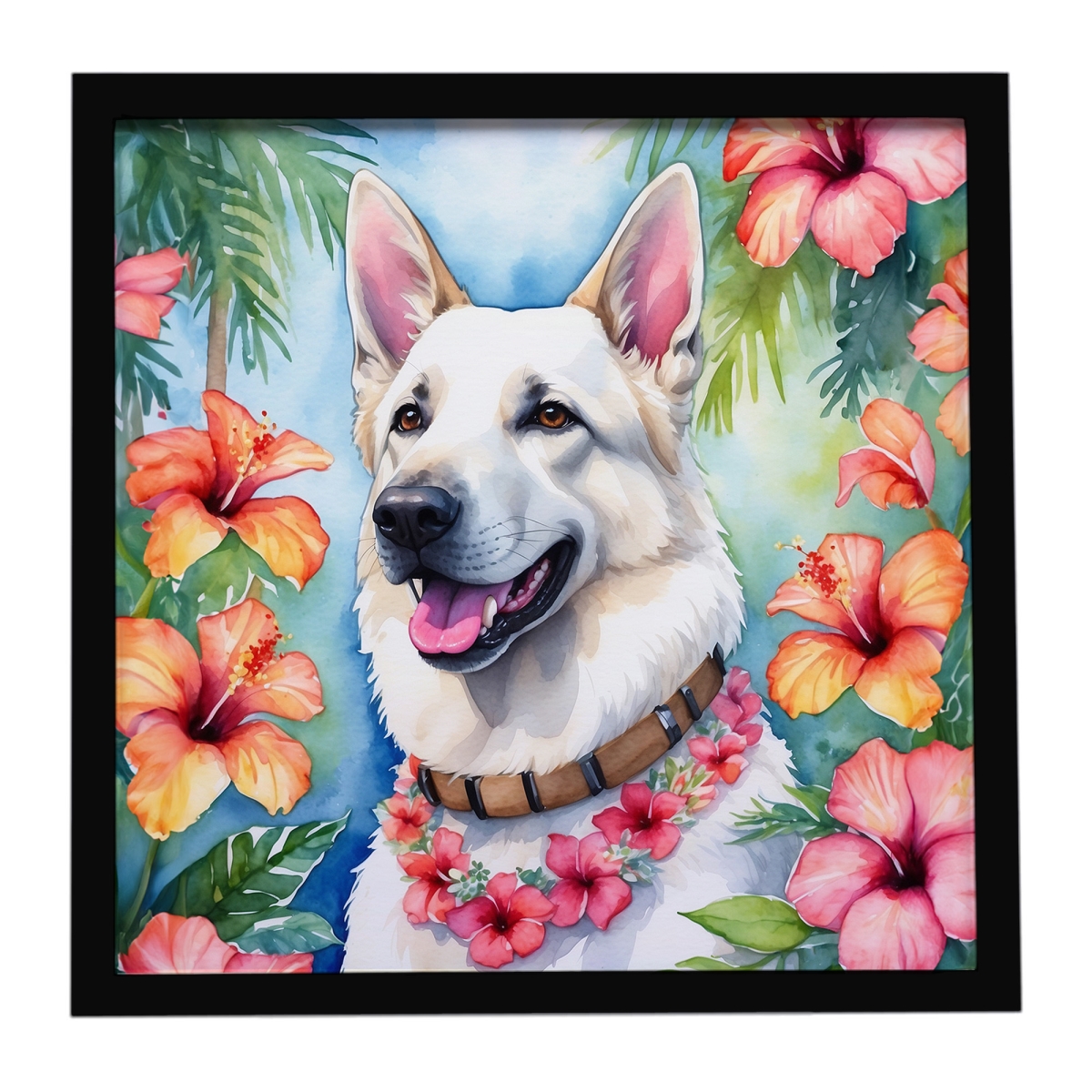 DAC6438MFP88 8 x 8 in. White German Shepherd Luau Framed Metal Print