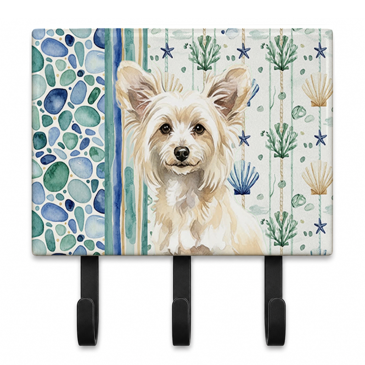 WDK6976TH68 9 x 6 in. Powderpuff Chinese Crested Coastal Sea Glass Leash or Key Holder
