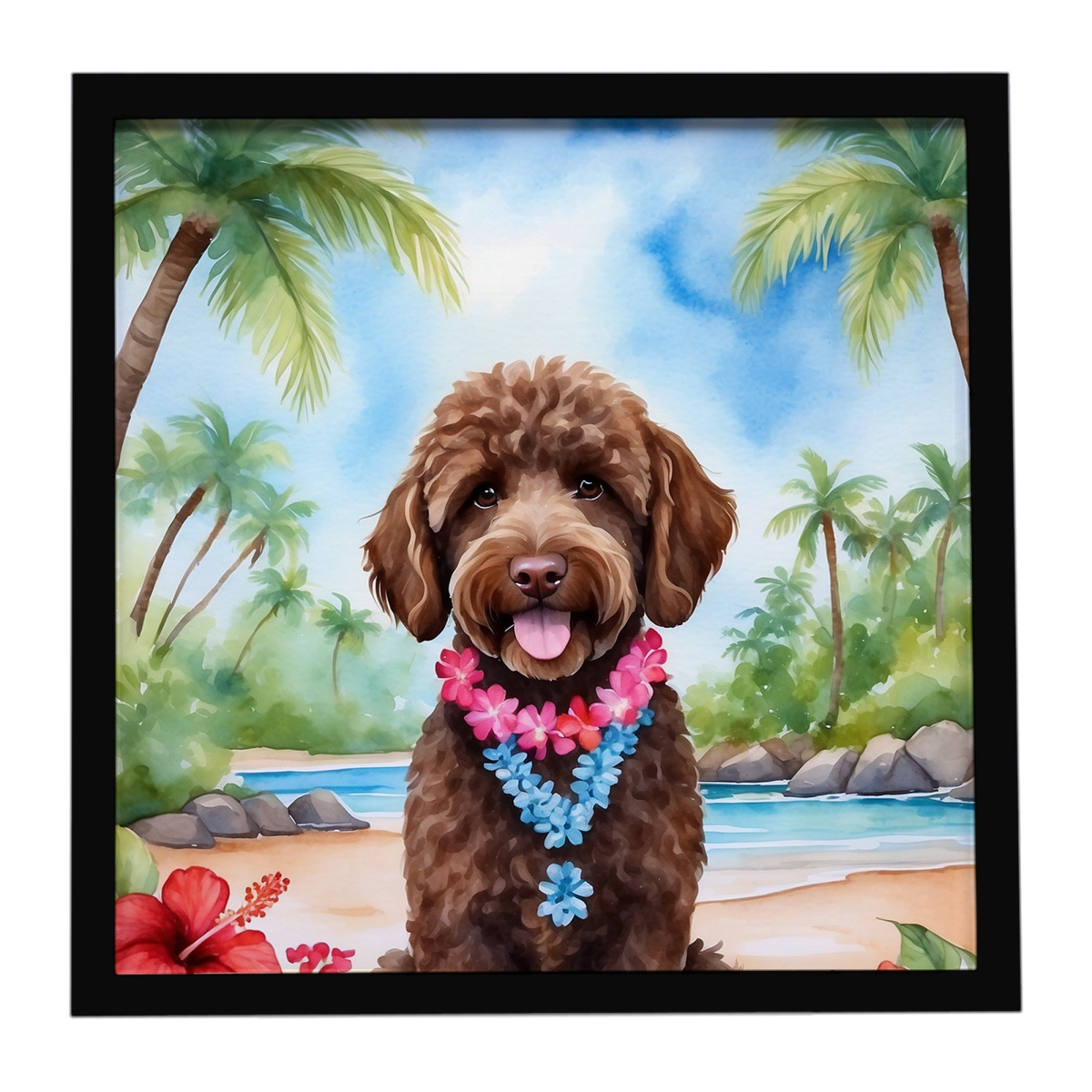 DAC6462MFP88 8 x 8 in. Labradoodle Luau Framed Metal Print