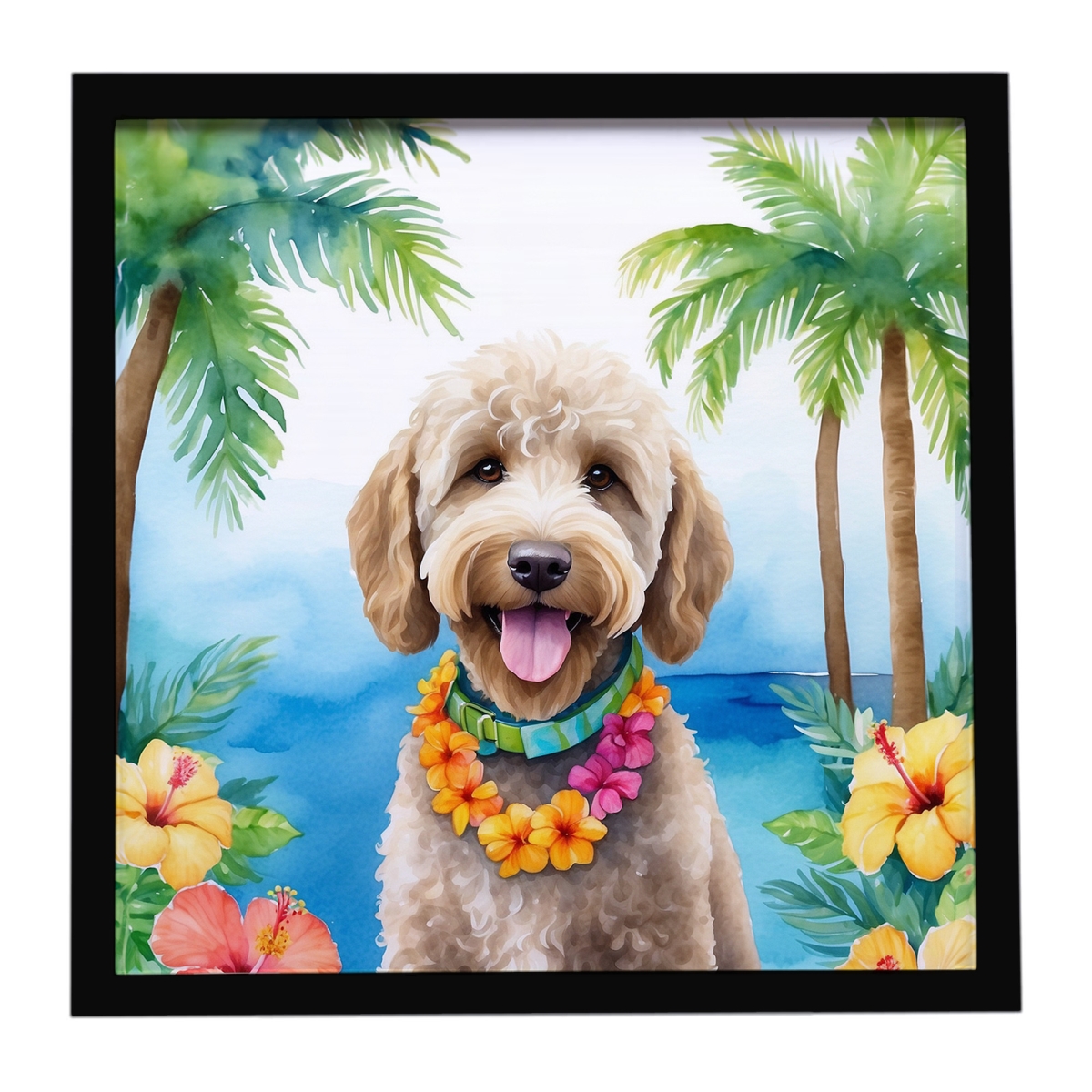 DAC6463MFP88 8 x 8 in. Labradoodle Luau Framed Metal Print