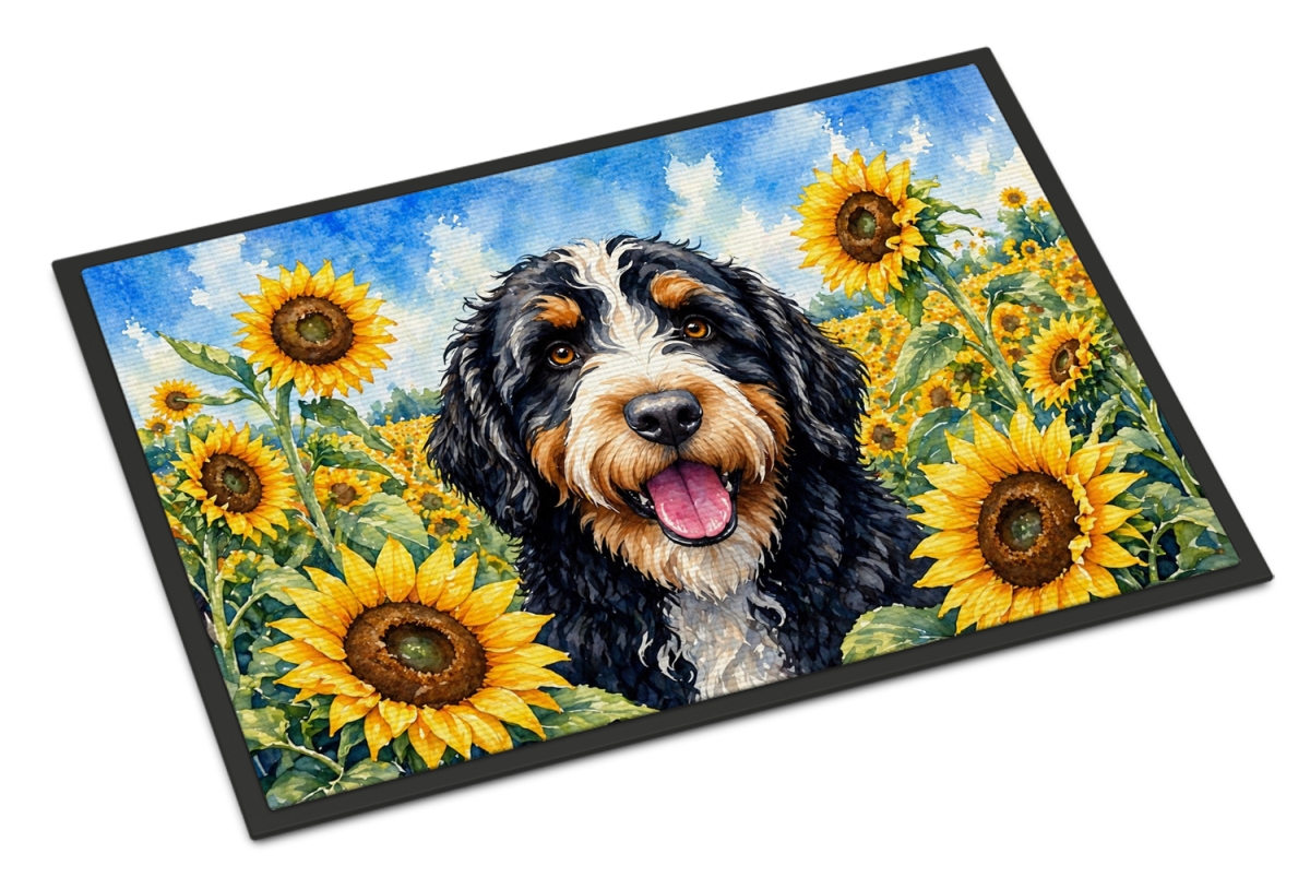 DAC6025MAT 18 x 27 in. Bernedoodle in Sunflowers Doormat
