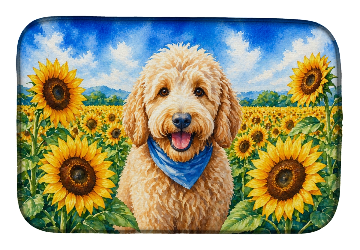 DAC6089DDM 21 x 14 in. Goldendoodle in Sunflowers Dish Drying Mat