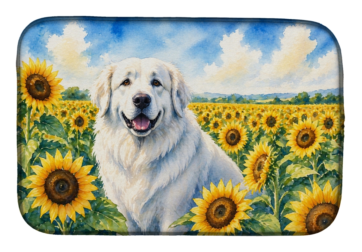 DAC6093DDM 21 x 14 in. Great Pyrenees in Sunflowers Dish Drying Mat