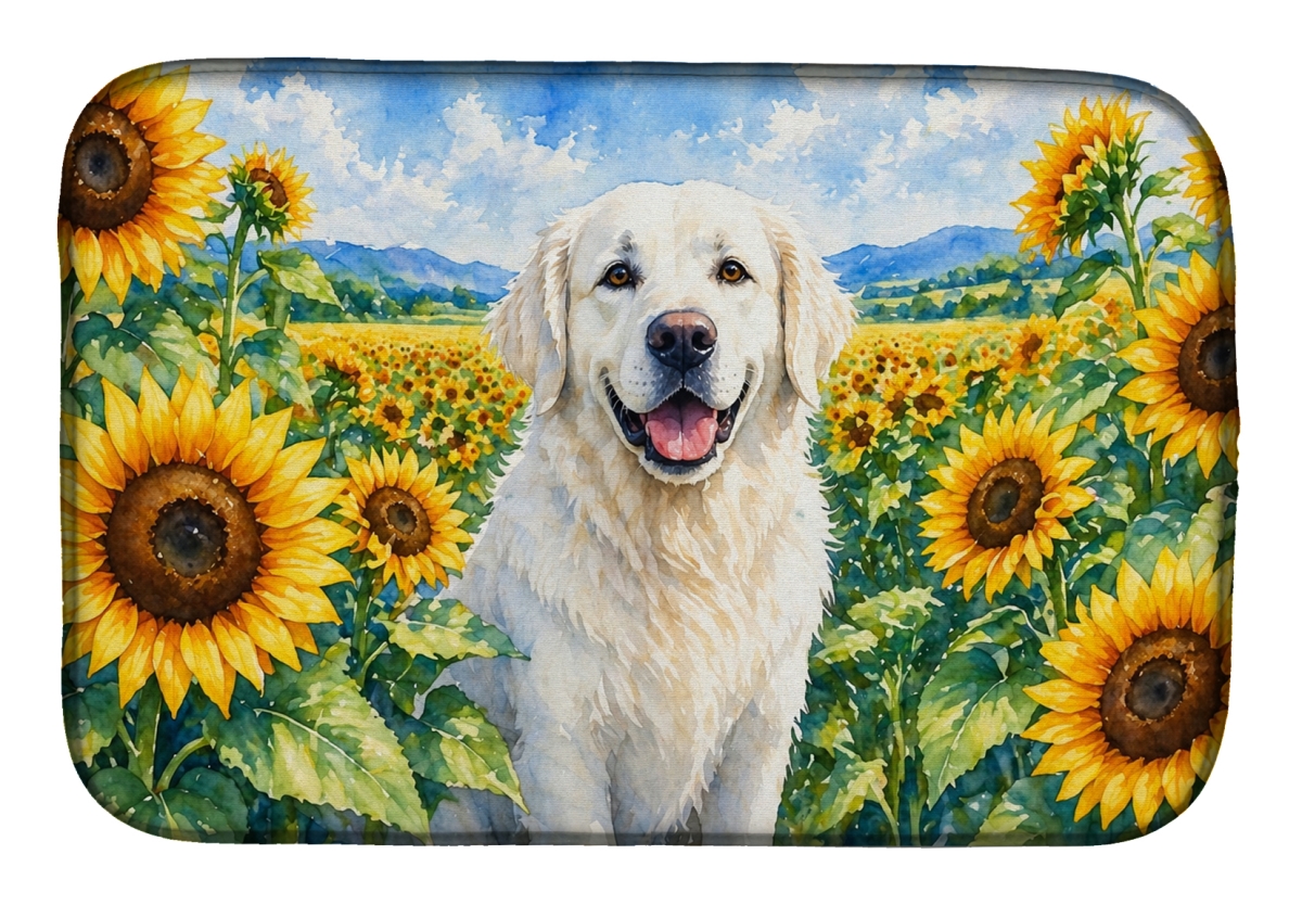 DAC6108DDM 21 x 14 in. Kuvasz in Sunflowers Dish Drying Mat