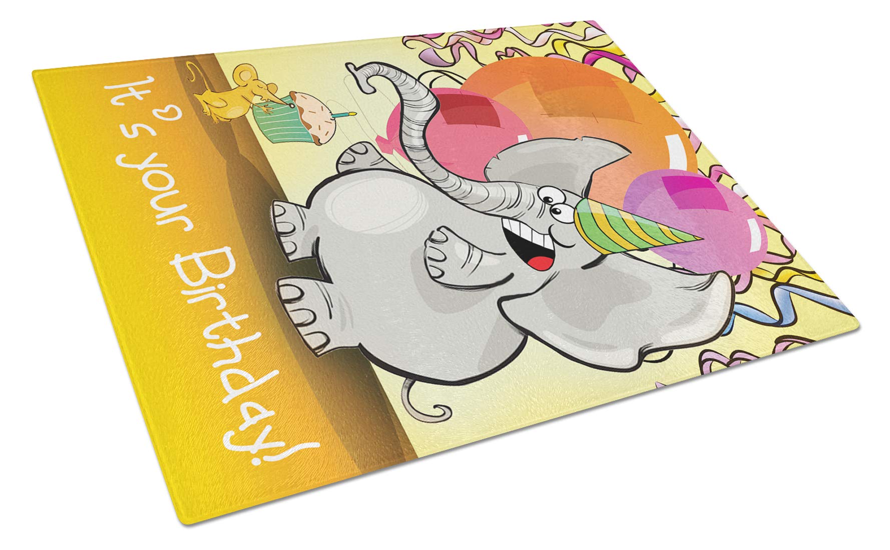 Picture of Carolines Treasures APH7228LCB Happy Birthday Elephand Glass Cutting Board, Large