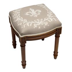 Picture of 123 Creations FS048XXLT Taupe Fleur De Lis Upholstered Wooden Vanity Stool&#44; Wood Stain
