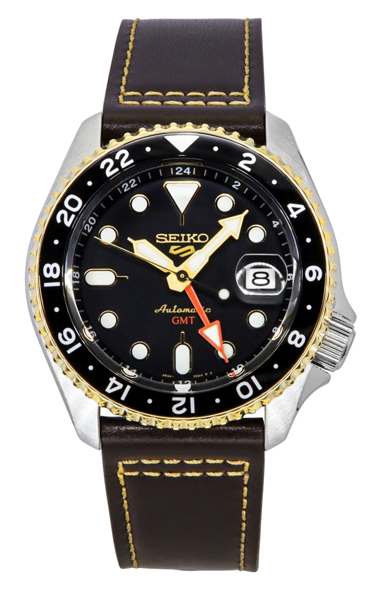 SSK036K1 Mens 5 Sports SKX GMT Leather Strap Black Dial Automatic 100M Watch
