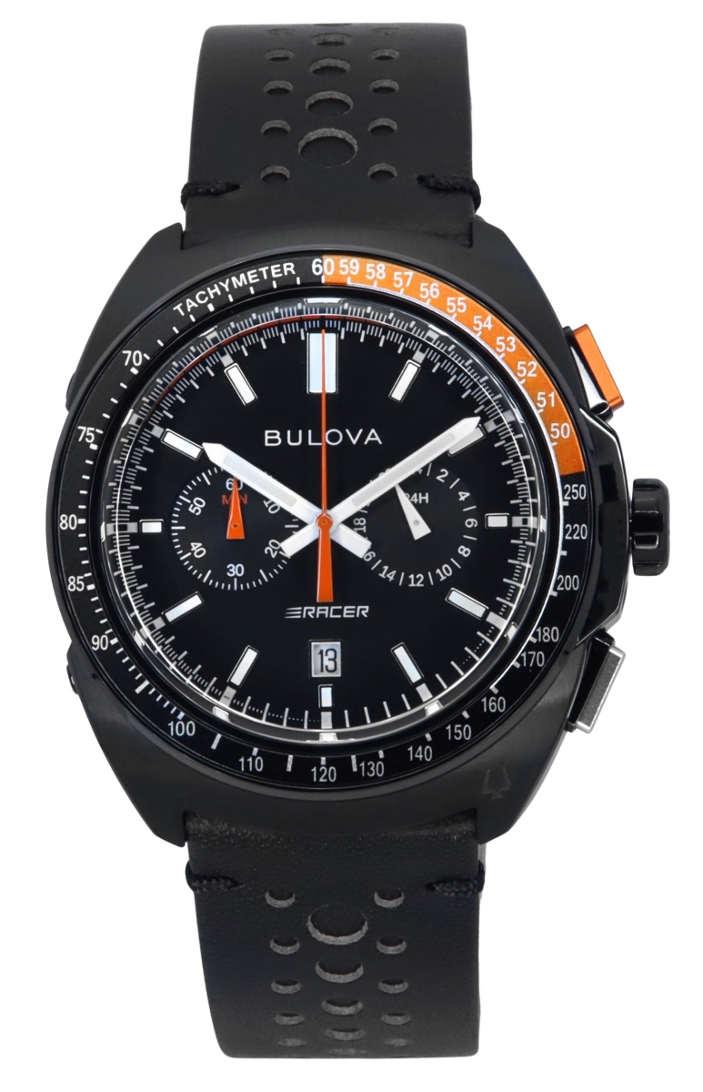 98B428 Mens Racer Chronograph Leather Strap Black Dial Quartz 100M Watch