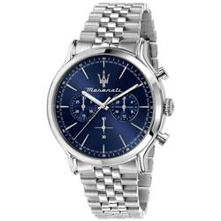 R8873618024- Epoca Chronograph Stainless Steel Blue Dial Quartz 100M Mens Watch, White - Adult -  Maserati