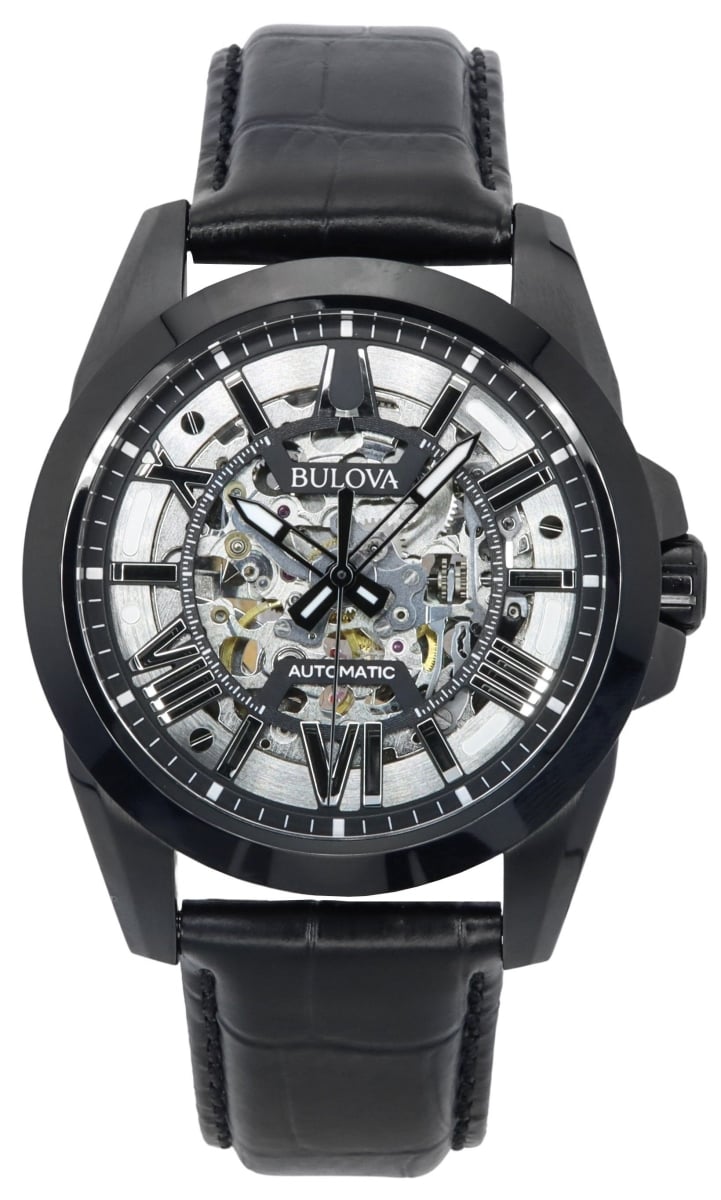 Picture of Bulova 98A304 100M Classic Sutton Leather Strap Silver Skeleton Dial Automatic Men Watch&#44; White