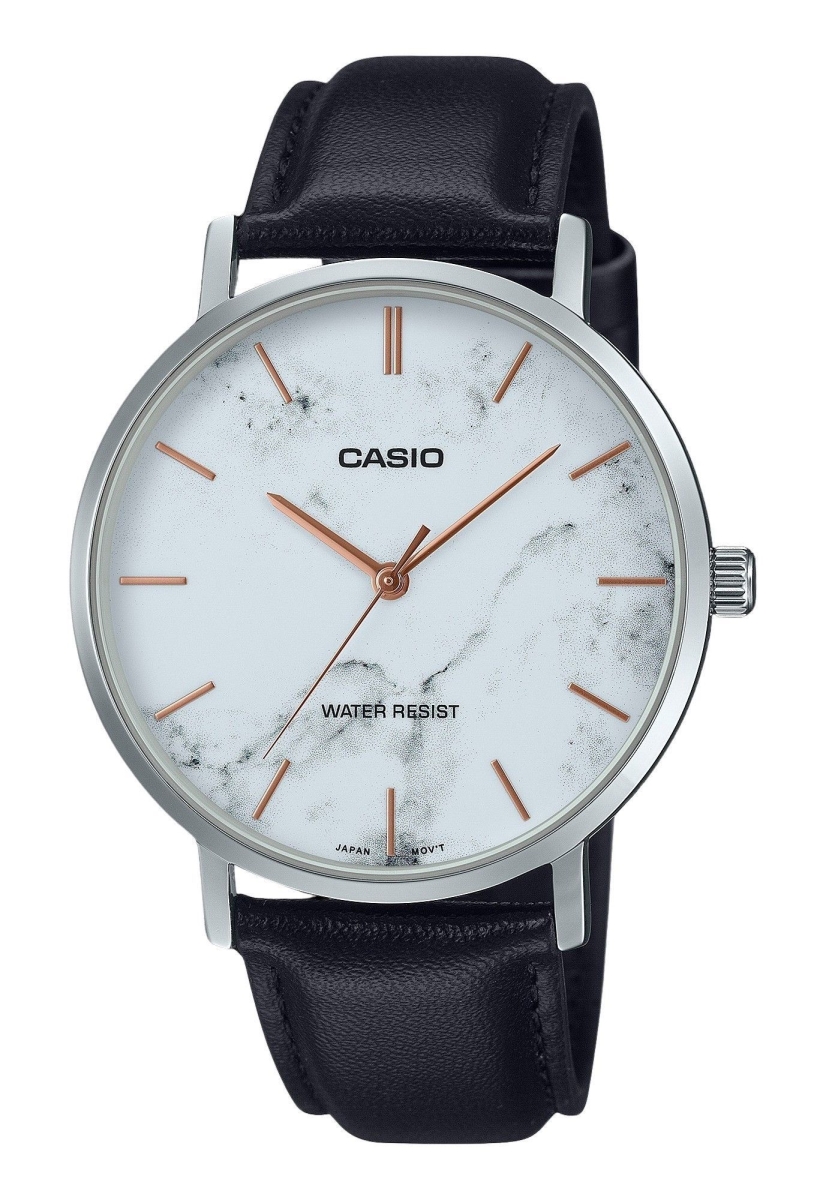 MTP-VT01LM-7A 40 x 8.20 mm Standard Analog Black Leather Strap Marble Inspired White Dial Quartz Mens Watch -  Casio