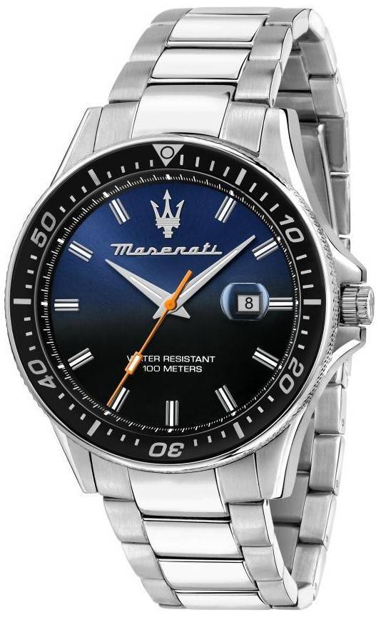R8853140001- 44 x 11.40 mm Sfida Stainless Steel Black & Blue Dial Quartz 100 m Mens Watch -  Maserati