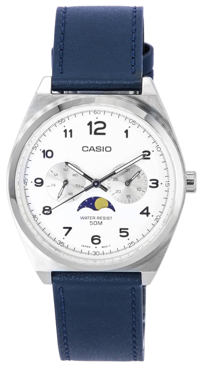 Picture of Casio MTP-M300L-7A 40 x 9.30 mm Standard Analog Moon Phase White Dial Leather Strap Quartz Mens Watch