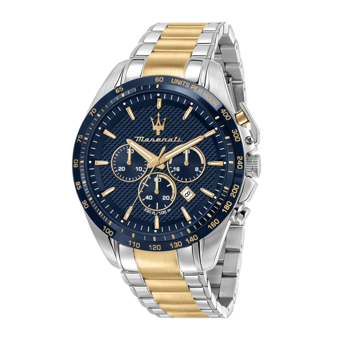R8873612046- 45 x 12 mm Traguardo Limited Edition Chronograph Two Tone Stainless Steel Blue Dial Quartz 100 m Mens Watch -  Maserati