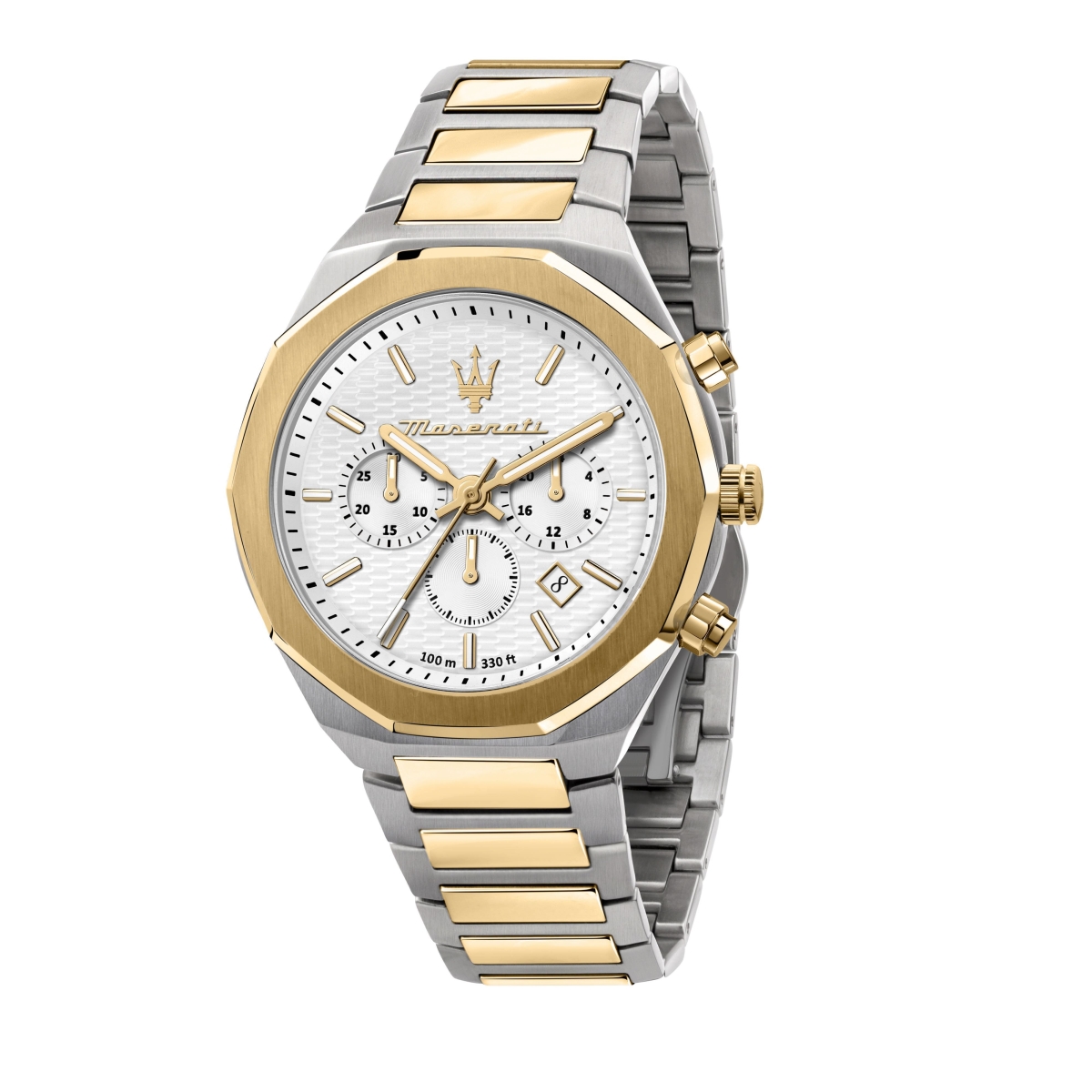 R8873642009- 45 x 11.40 mm Stile Chronograph Two Tone Stainless Steel White Dial 100 m Mens Watch -  Maserati