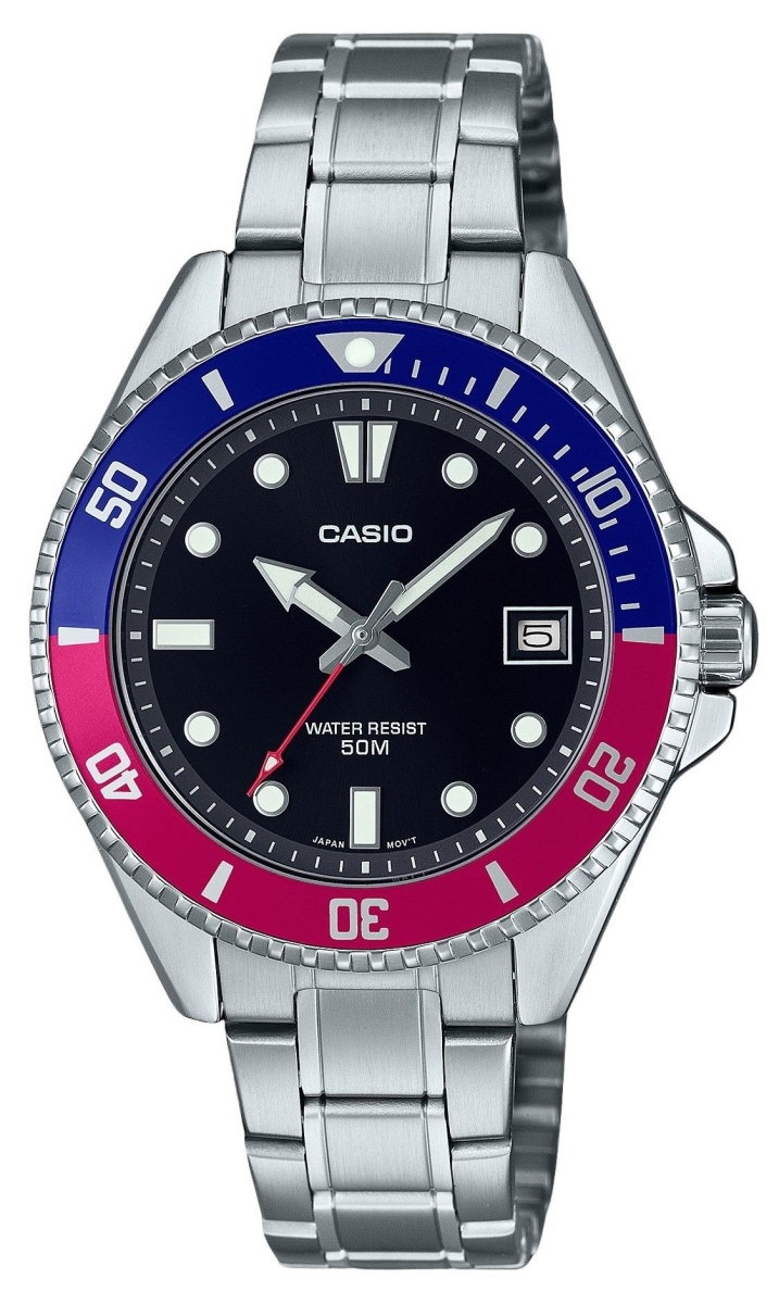 MDV-10D-1A3 38.5 x 10.40 mm Standard Analog Pepsi Bezel Stainless Steel Black Dial Quartz Mens Watch -  Casio