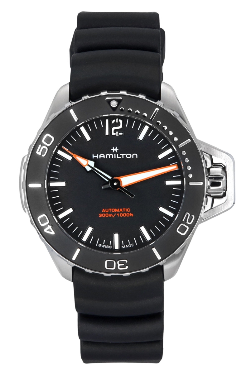 H77455330 41 x 13.90 mm Khaki Navy Frogman Rubber Strap Black Dial Automatic Divers 300 m Mens Watch -  HAMILTON