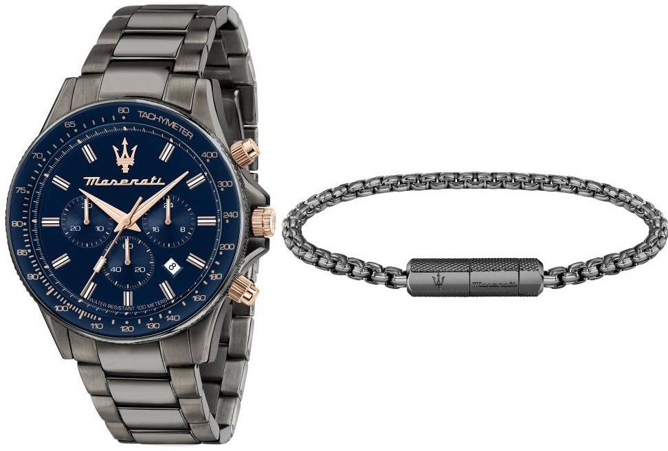 R8873640020- 44 x 11.40 mm Sfida Chronograph Stainless Steel Blue Dial Quartz 100 m Mens Watch Gift Set -  Maserati