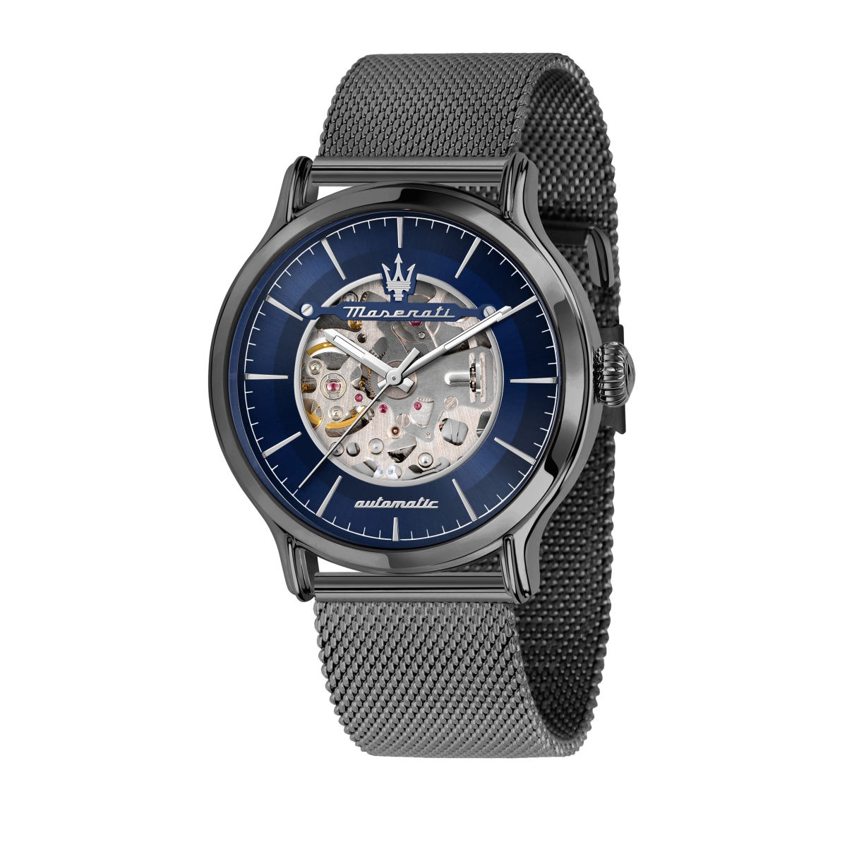 R8823118012- 42 x 13.30 mm Epoca Stainless Steel Mesh Bracelet Blue Skeleton Dial Automatic 100 m Mens Watch -  Maserati