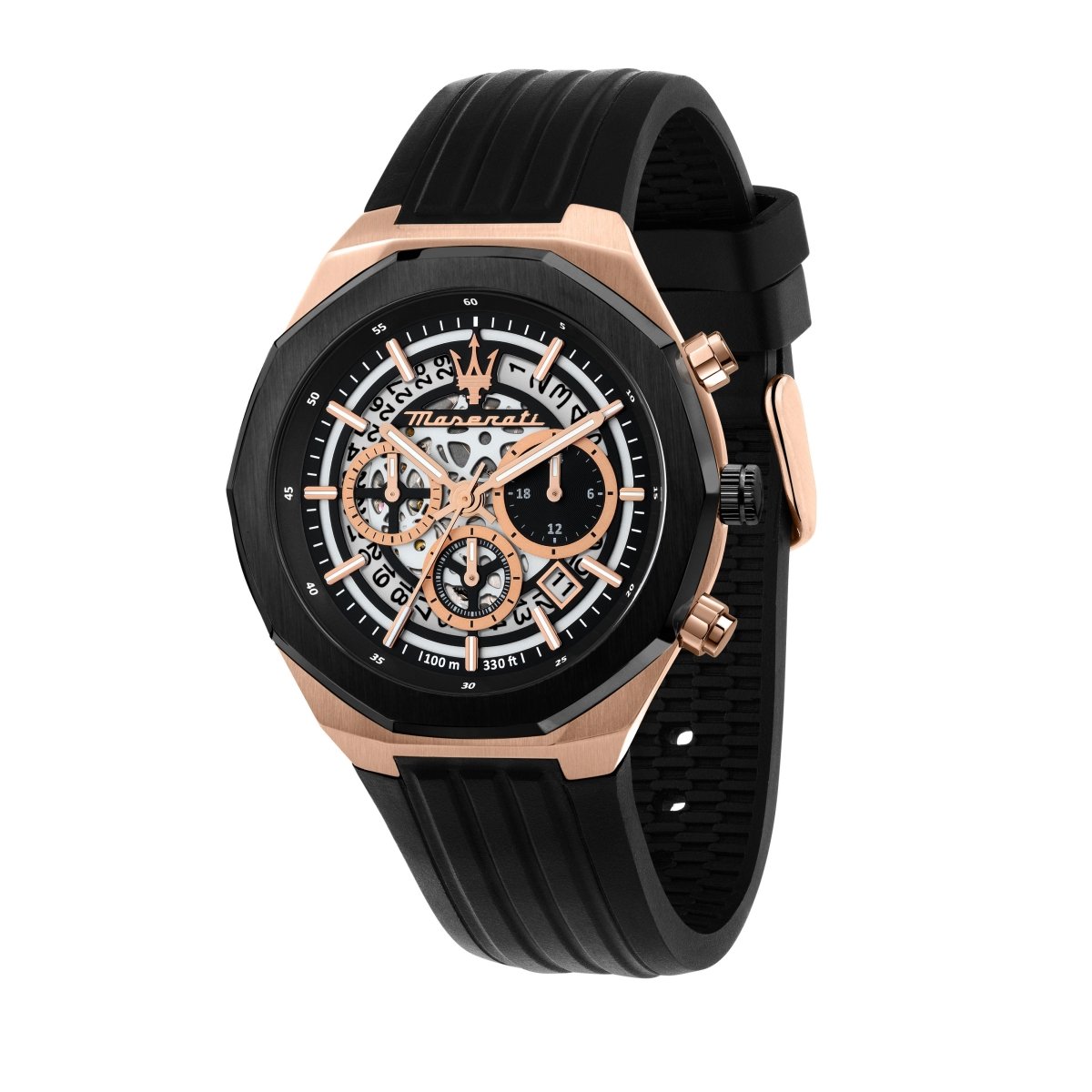 R8871642003- 45 x 11 mm Stile Chronograph Rubber Strap Black Skeleton Dial Quartz 100 m Mens Watch -  Maserati