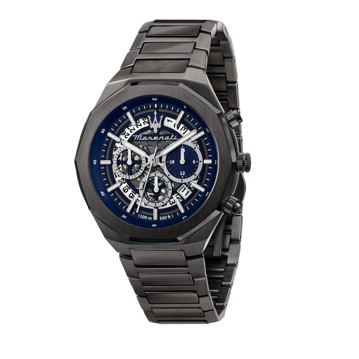 R8873642012- 44 x 12 mm Stile Chronograph Stainless Steel Blue Skeleton Dial Quartz 100 m Mens Watch -  Maserati