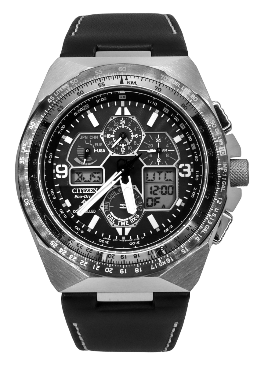 JY8149-05E Mens Promaster Skyhawk A-T Leather Strap Black Dial Eco-Drive Divers 200M Watch