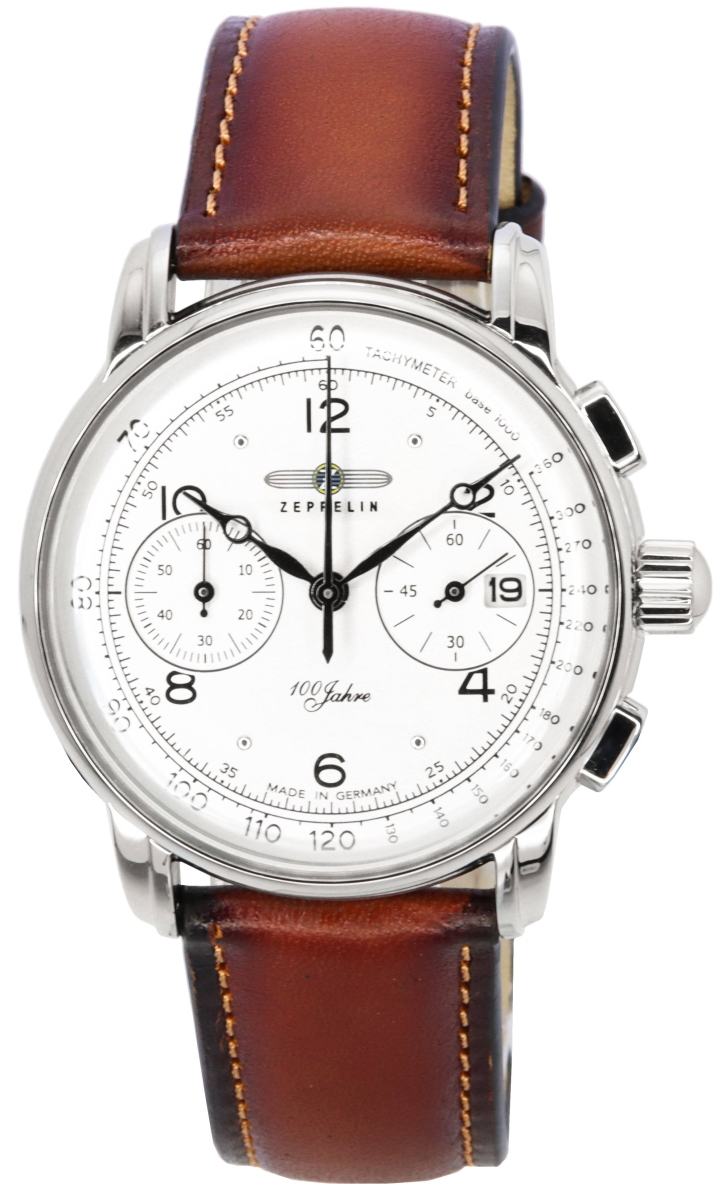 Picture of Zeppelin Z86761 Mens 100 Jahre Chronograph Leather Strap White Dial Quartz Watch
