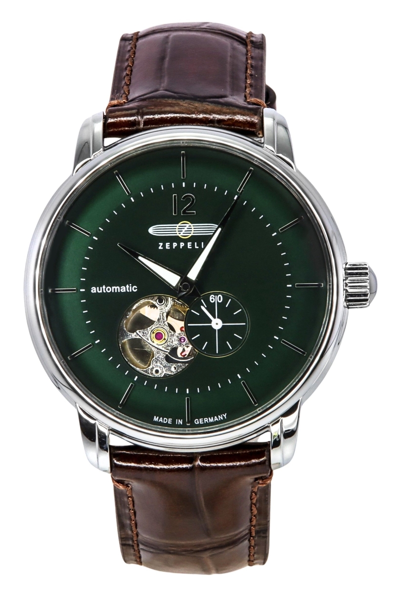 Picture of Zeppelin Z81664 Mens LZ 120 Bodensee Leather Strap Open Heart Green Dial Automatic Watch