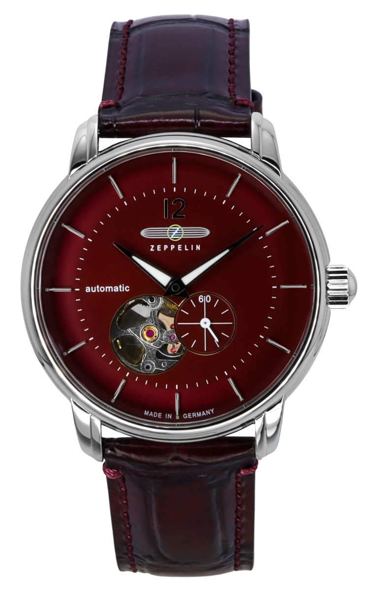 Picture of Zeppelin Z81665 Mens LZ 120 Bodensee Leather Strap Red Open Heart Dial Automatic Watch