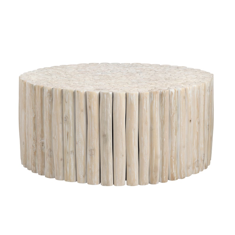 Crestview CVFDR1333 Round Tan White-Washed Teak Wood Cocktail Coffee Table, Tan