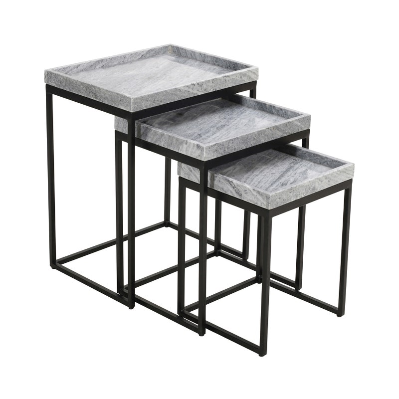 Crestview CVFNR5243 3 Piece Marble & Iron Nesting Table Set, Black & Grey