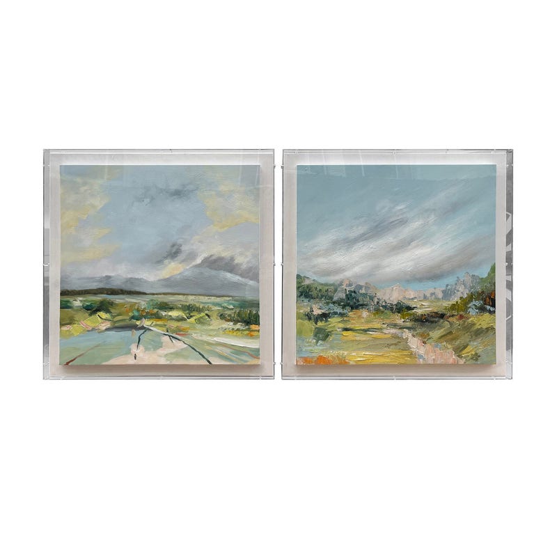 Crestview CVTOP3561 Framed Hand-Painted Landscape Canvas Wall Art, Blue & Green - 2 Piece