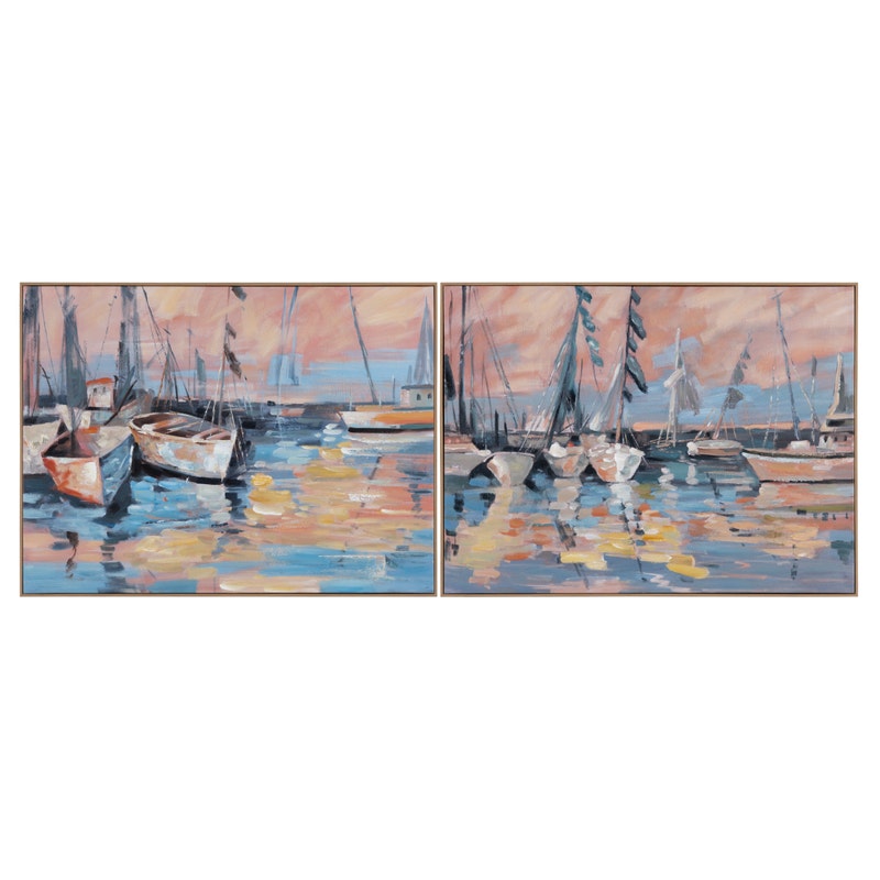 Crestview CVTOP3520 2 Piece Framed Hand Painted Canvas Blue & Pink Boats Wall Art, Blue & Pink