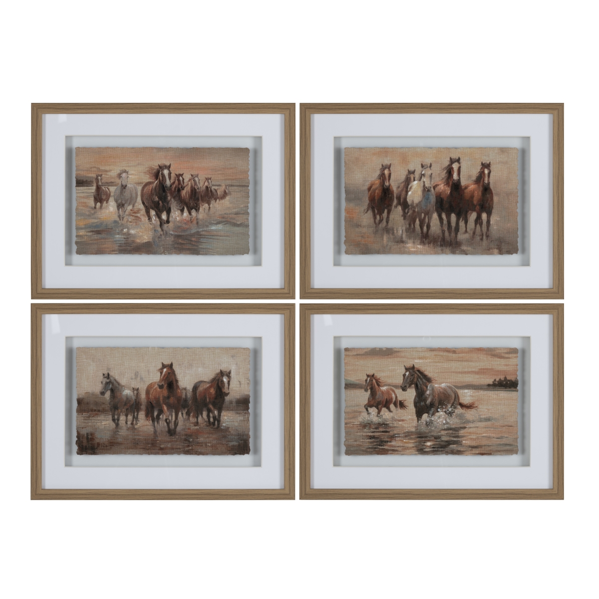 Crestview CVTOP3511 Framed Hand Painted Mixed Media Horses Wall Art, Brown - 4 Piece