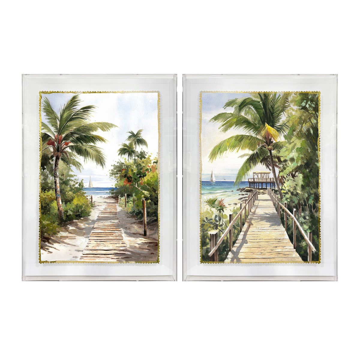 Crestview CVTOP3494 Framed Hand Painted Mixed Media Coastal Palm Tree Wall Art, Green & Blue - 2 Piece