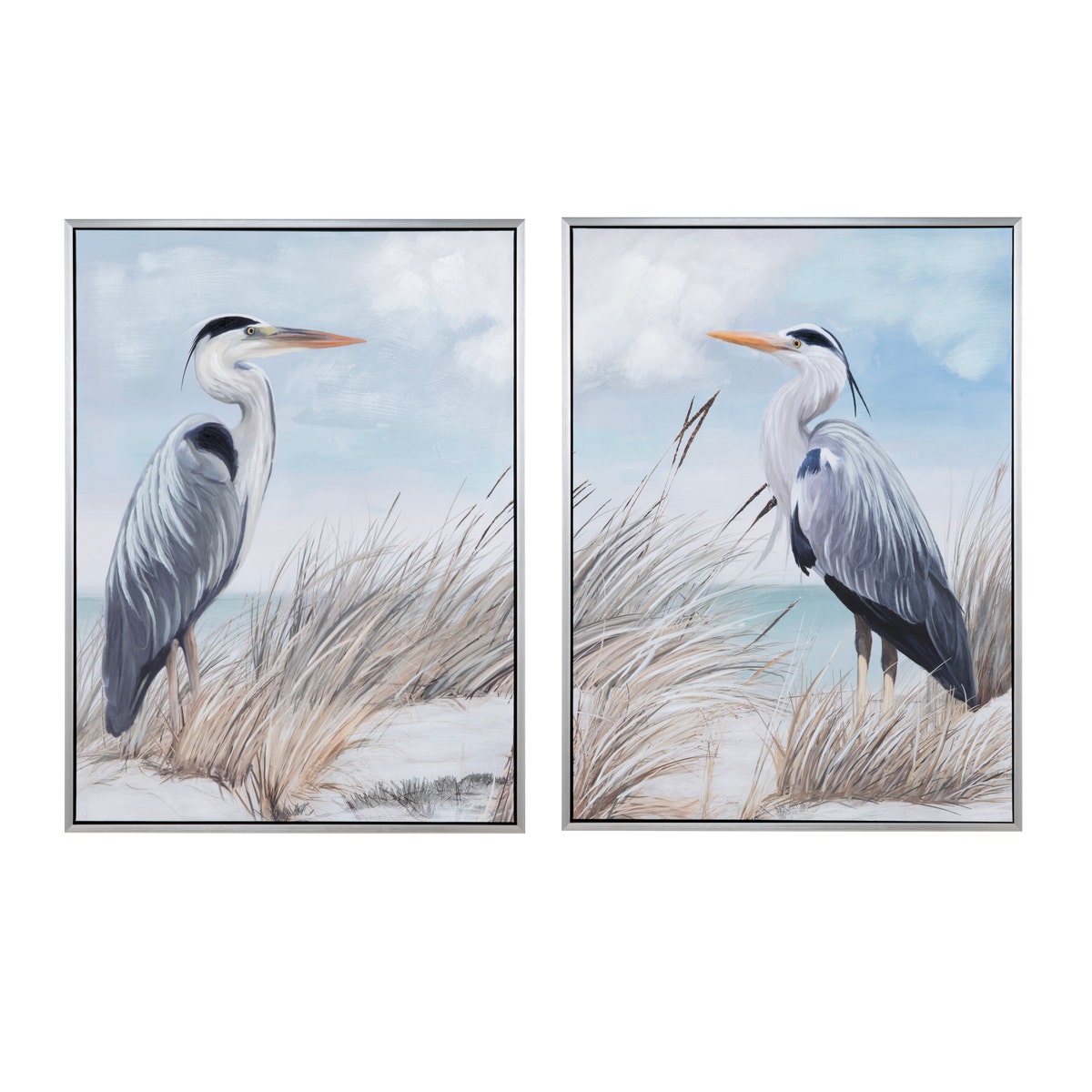 Crestview CVTOP3539 Framed Hand-Painted Heron Canvas Wall Art, Blue & White - 2 Piece