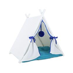 Picture of Baner Garden P516 Cat House Tower Rattan Wicker Portable Furniture Tent Playpen with White Rattan & Blue Soft Cushion&#44; 19.7 x 21.7 x 22 in.