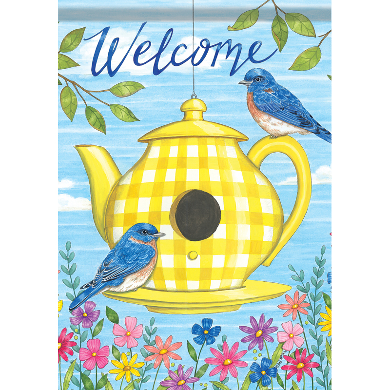 Carson 53046 Garden Flag - Teapot Bluebirds