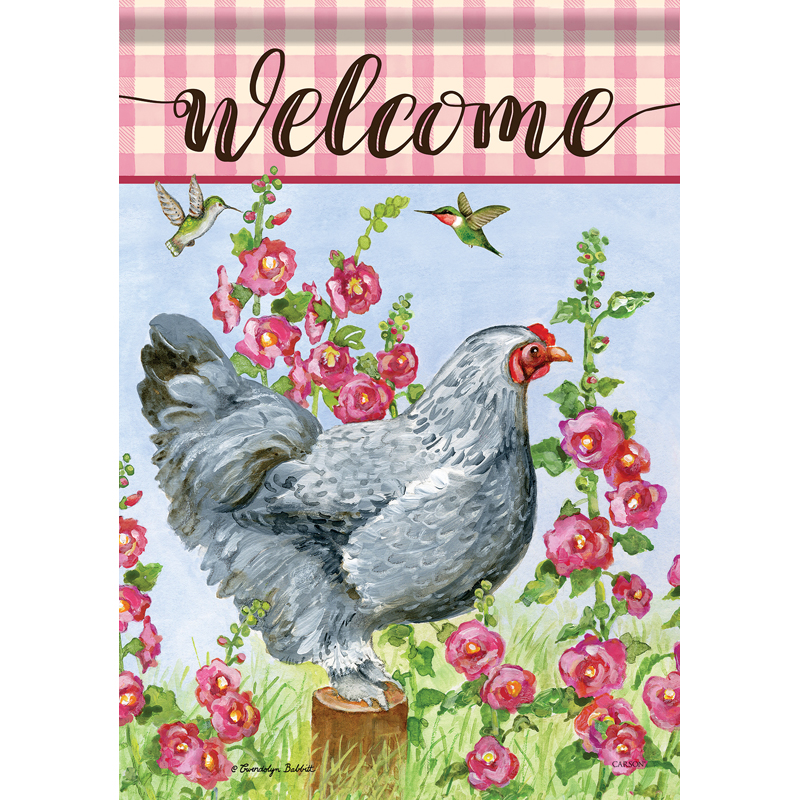 Carson 53062 Garden Flag - Chicken & Hollyhock