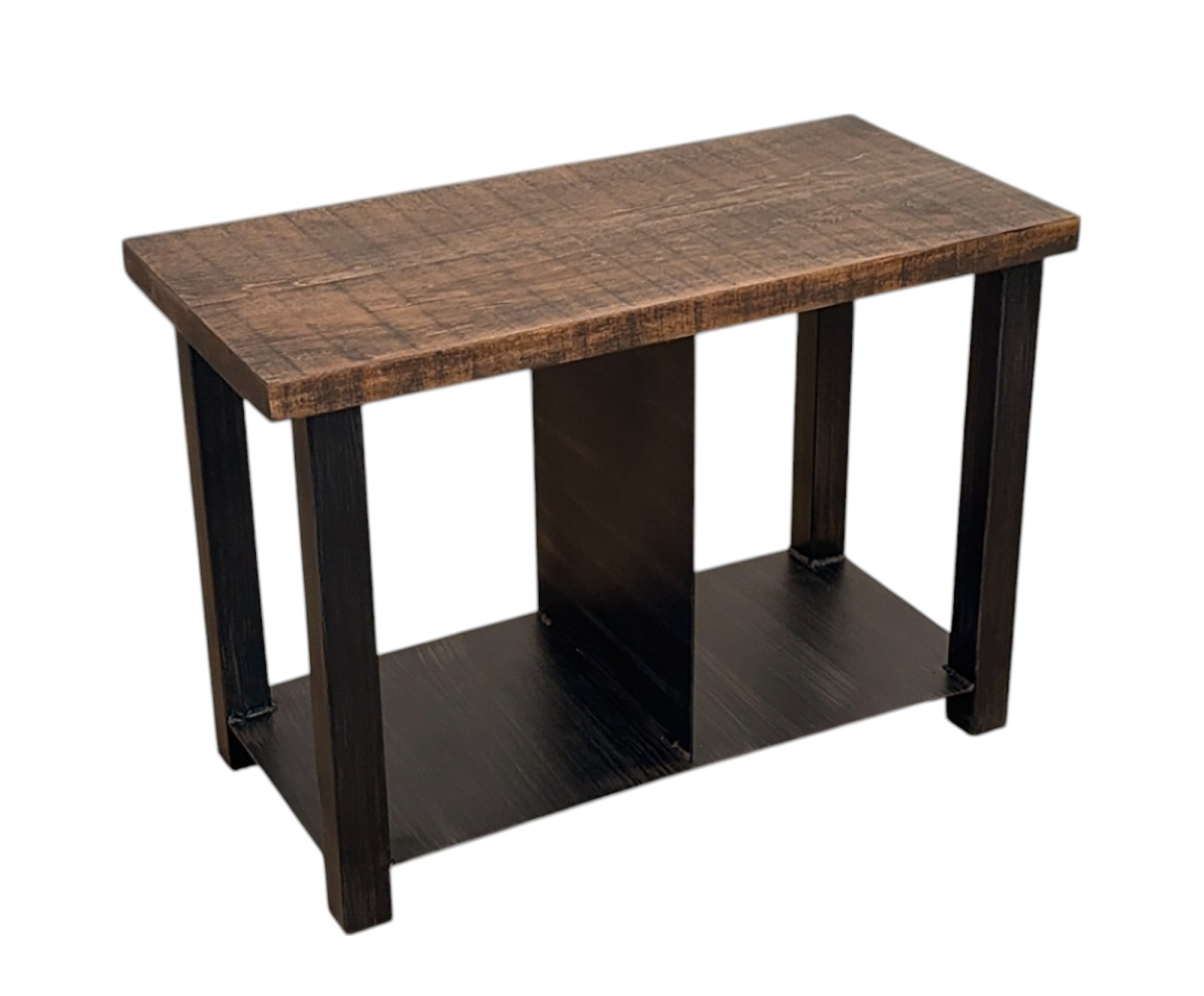 Picture of Coast Lamp Manufacturing MBCB05-24 KD-RFST Sawn Metal Bench with 2 Shoe Cubbys - Kodiak & Rough Stain
