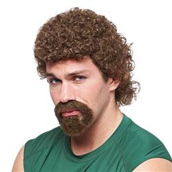 Mens 80s Curly Afro Mullet Kenny Powers Eastbound Down Costume Wig & Goatee Beard, Brown