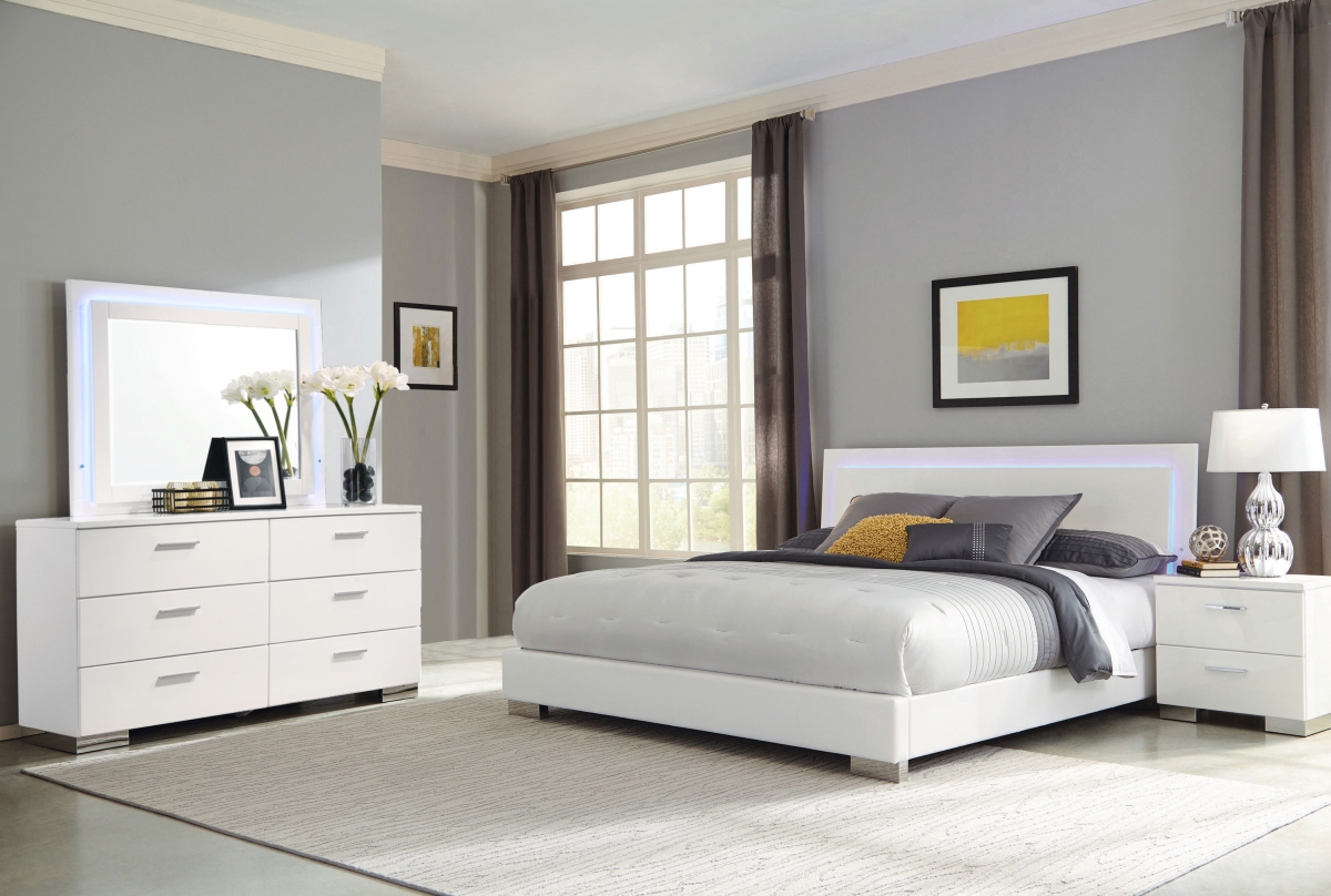 Picture of Coaster Furniture 203500Q-S4L Felicity Bedroom Set with LED Headboard & Mirror&#44; Glossy White - Queen Size - 4 Piece